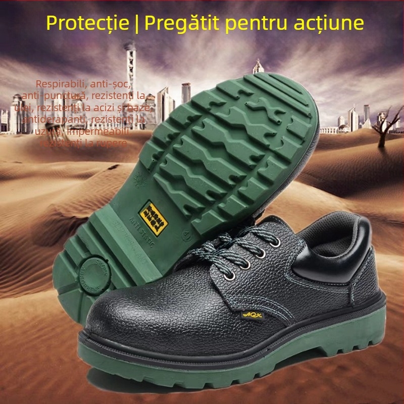 Încălțăminte de protecție pentru șantier, piele de vită cu relief și talpă PU, vârf din oțel, protecție anti-șoc și anti-perforație, rezistente la ulei, la acizi și la alcalii, impermeabile și antiderapante.
