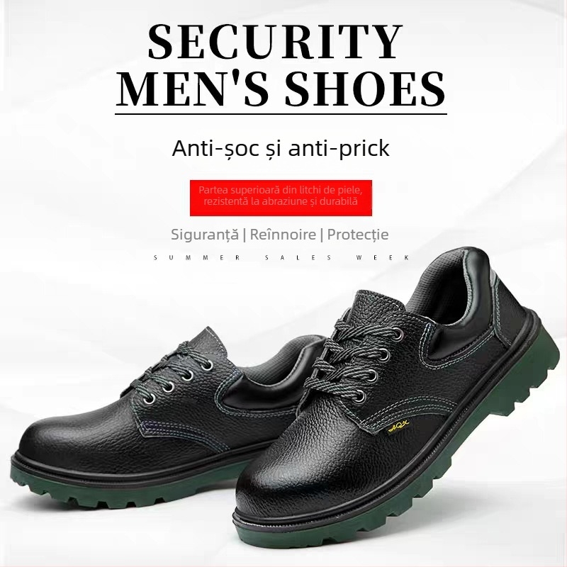 Încălțăminte de protecție pentru șantier, piele de vită cu relief și talpă PU, vârf din oțel, protecție anti-șoc și anti-perforație, rezistente la ulei, la acizi și la alcalii, impermeabile și antiderapante.