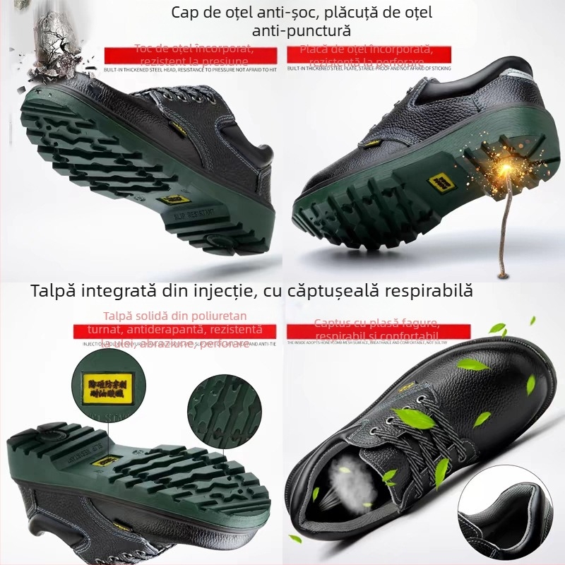 Încălțăminte de protecție pentru șantier, piele de vită cu relief și talpă PU, vârf din oțel, protecție anti-șoc și anti-perforație, rezistente la ulei, la acizi și la alcalii, impermeabile și antiderapante.