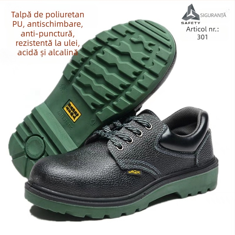 Încălțăminte de protecție pentru șantier, piele de vită cu relief și talpă PU, vârf din oțel, protecție anti-șoc și anti-perforație, rezistente la ulei, la acizi și la alcalii, impermeabile și antiderapante.