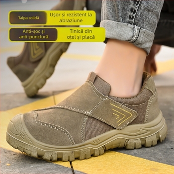Pantofi de protecție pentru muncă cu vârf din oțel, anti-perforație și anti-șoc, partea superioară respirabilă din plasă, piele de vacă + talpă PU