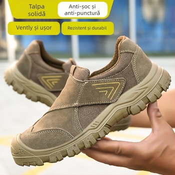Pantofi de protecție pentru muncă cu vârf din oțel, anti-perforație și anti-șoc, partea superioară respirabilă din plasă, piele de vacă + talpă PU