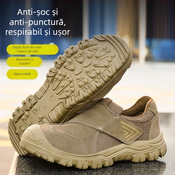 Pantofi de protecție pentru muncă cu vârf din oțel, anti-perforație și anti-șoc, partea superioară respirabilă din plasă, piele de vacă + talpă PU
