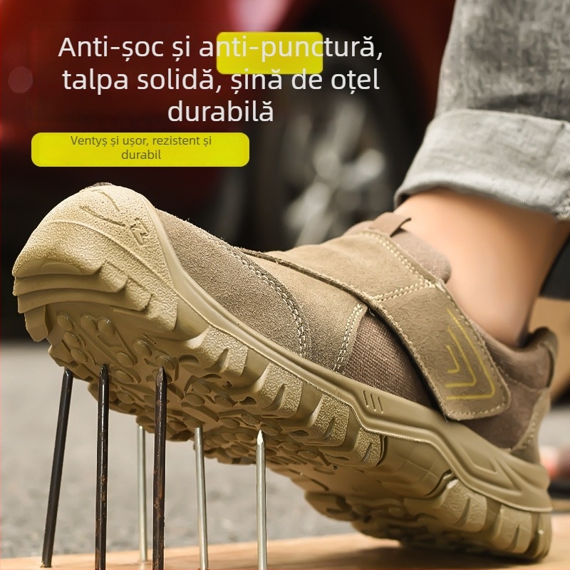 Pantofi de protecție pentru muncă cu vârf din oțel, anti-perforație și anti-șoc, partea superioară respirabilă din plasă, piele de vacă + talpă PU