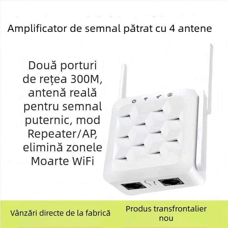 Extender WiFi Mini Square Type cu amplificator pentru perete, 802.11n, 300Mbps, cablu Cat5, 110–220V