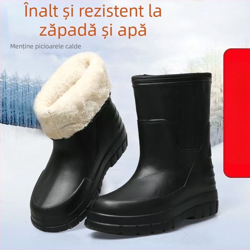 Cizme de ploaie mid-calf pentru bărbați și femei, cu partea superioară din PVC, talpă din spumă EVA, căptușeală caldă din fleece sintetic, anti-derapare pentru iarnă.