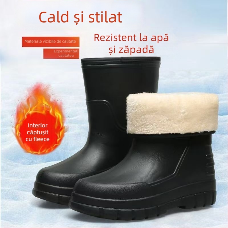 Cizme de ploaie mid-calf pentru bărbați și femei, cu partea superioară din PVC, talpă din spumă EVA, căptușeală caldă din fleece sintetic, anti-derapare pentru iarnă.