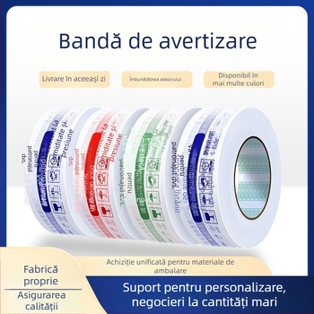 Bandă de ambalare cu logo de avertizare; grosime film 28 μm; adeziv PSA; tăiere cu cutter; pentru sigilare și ambalare.