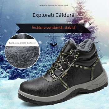Pantofi de lucru de iarnă cu protecție la vârf din oțel, anti-perforație și anti-șoc, piele de vită rezistentă, înalt, căptușiți cu fleece