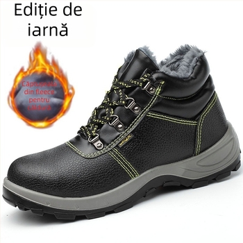 Pantofi de lucru de iarnă cu protecție la vârf din oțel, anti-perforație și anti-șoc, piele de vită rezistentă, înalt, căptușiți cu fleece