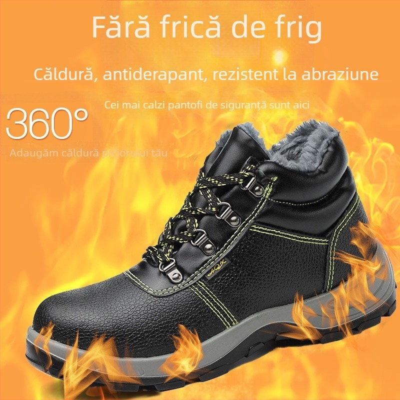 Pantofi de lucru de iarnă cu protecție la vârf din oțel, anti-perforație și anti-șoc, piele de vită rezistentă, înalt, căptușiți cu fleece