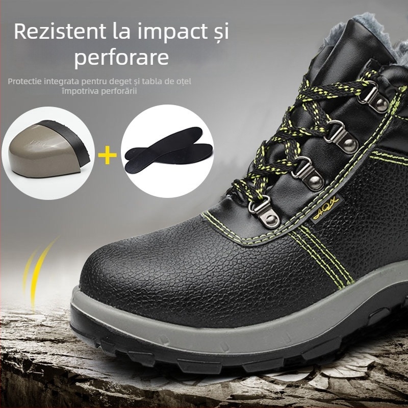 Pantofi de lucru de iarnă cu protecție la vârf din oțel, anti-perforație și anti-șoc, piele de vită rezistentă, înalt, căptușiți cu fleece