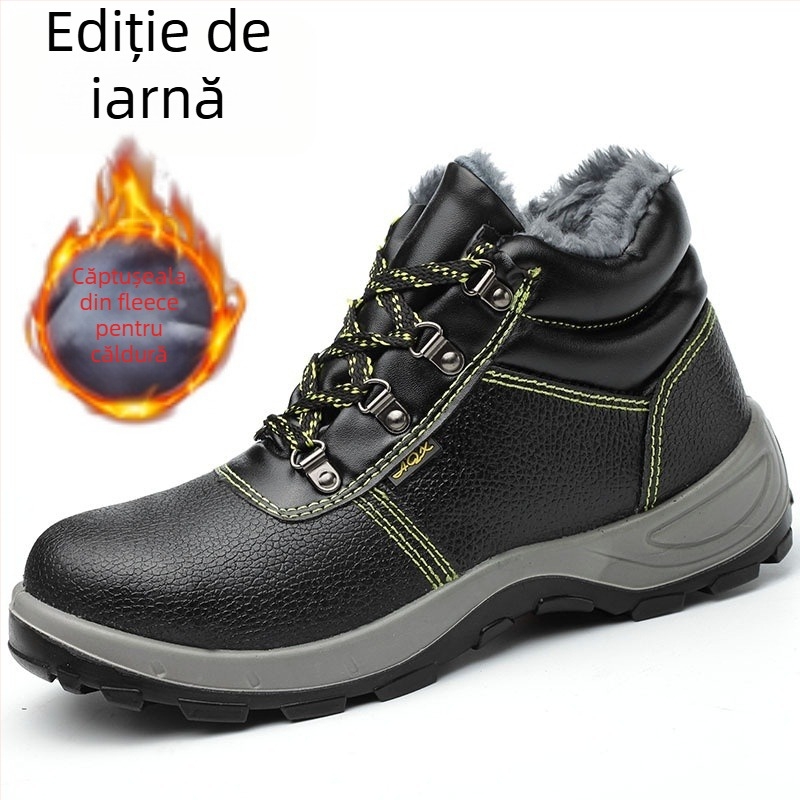 Pantofi de lucru de iarnă cu protecție la vârf din oțel, anti-perforație și anti-șoc, piele de vită rezistentă, înalt, căptușiți cu fleece