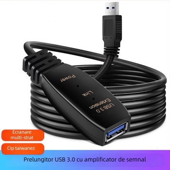 Cablu de extensie USB 3.0 15 m, conector masculin–feminin, cu amplificator de semnal, pentru PC, video, mouse și tastatură