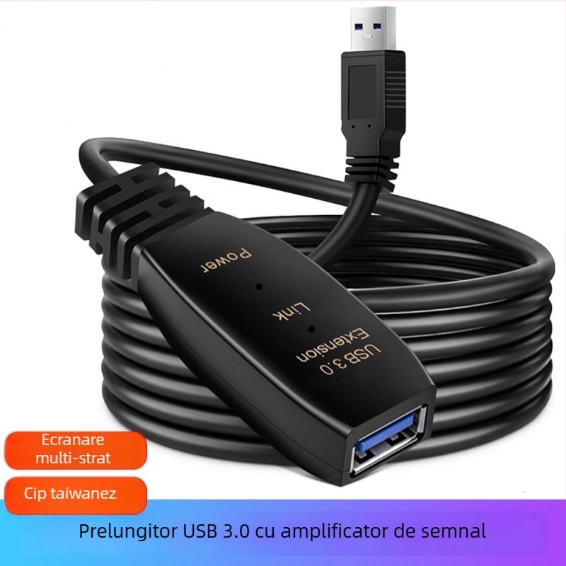 Cablu de extensie USB 3.0 15 m, conector masculin–feminin, cu amplificator de semnal, pentru PC, video, mouse și tastatură