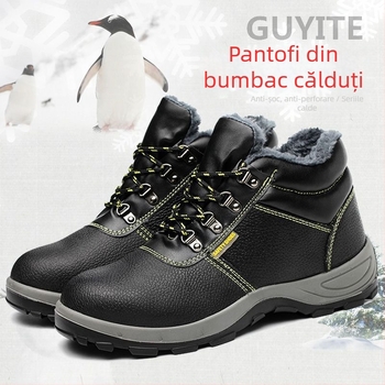 Pantofi de protecție din piele de vacă, vârf din oțel, înalți, anti-perforație și anti-șoc, căptuți cu fleece
