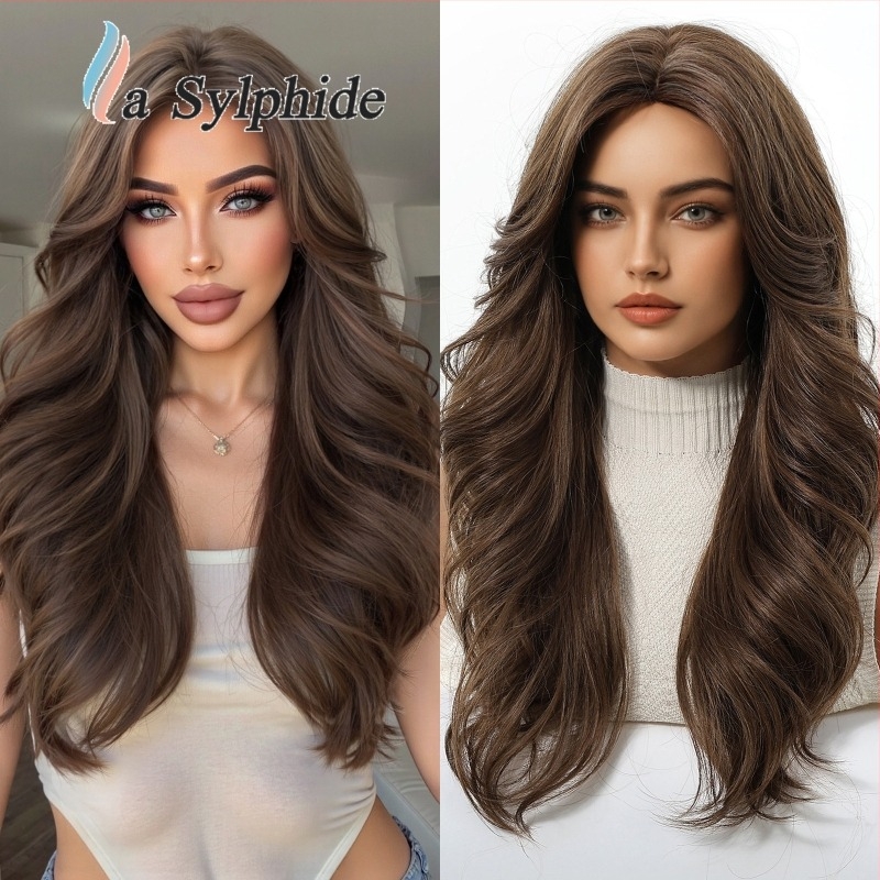 Perucă pentru femei, păr natural lung și buclat, parte centrală, fibre sintetice rezistente la temperatură, poate fi vopsită și tratată cu perm