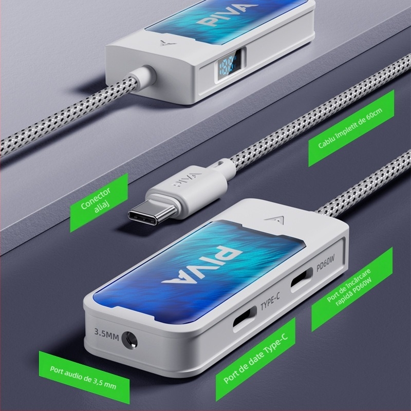 Piva G41 adaptor USB-C pentru căști, hub 4-in-1 pentru încărcare și redare audio; Compatibil cu telefoane și tablete Apple, Huawei, Xiaomi, Android