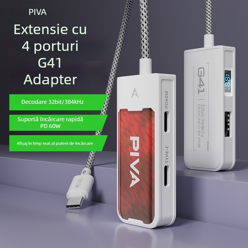 Piva G41 adaptor USB-C pentru căști, hub 4-in-1 pentru încărcare și redare audio; Compatibil cu telefoane și tablete Apple, Huawei, Xiaomi, Android