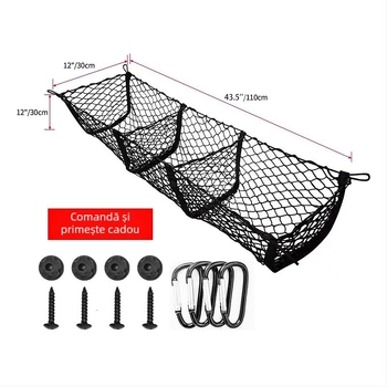 Geantă plasă depozitare portbagaj auto, cu trei compartimente, dublu strat, design suspendat; poliester; pentru portbagaj; suspensie tip; imprimare logo