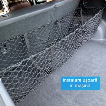 Geantă plasă depozitare portbagaj auto, cu trei compartimente, dublu strat, design suspendat; poliester; pentru portbagaj; suspensie tip; imprimare logo
