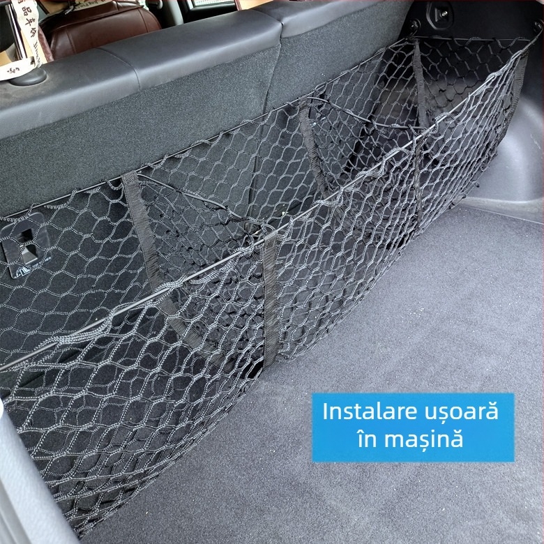 Geantă plasă depozitare portbagaj auto, cu trei compartimente, dublu strat, design suspendat; poliester; pentru portbagaj; suspensie tip; imprimare logo