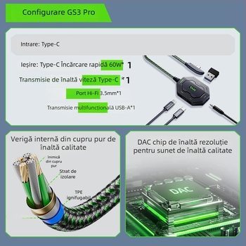 Piva GS3 adaptor pentru Huawei și Xiaomi, USB-C și Mini USB, încărcare rapidă 3-în-1 până la 60W, construcție țesută