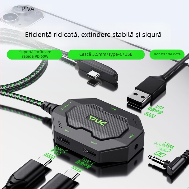 Piva GS3 adaptor pentru Huawei și Xiaomi, USB-C și Mini USB, încărcare rapidă 3-în-1 până la 60W, construcție țesută