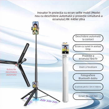 Băț de selfie cu proiector de ecran - telecomandă Bluetooth, corp din aliaj, stabilizare a imaginii încorporată