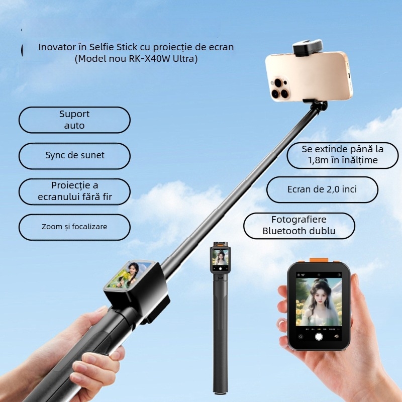 Băț de selfie cu proiector de ecran - telecomandă Bluetooth, corp din aliaj, stabilizare a imaginii încorporată