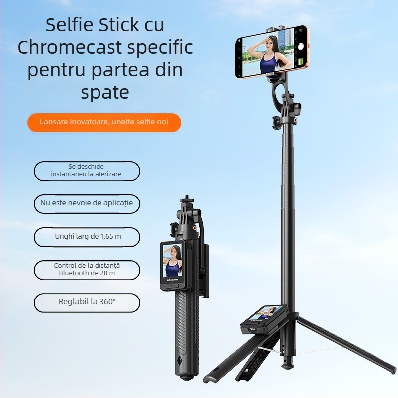Selfie stick cu oglindire pe ecran și proiecție, design pop-up pentru podea, telecomandă Bluetooth, stabilizare a imaginii, compatibilitate universală