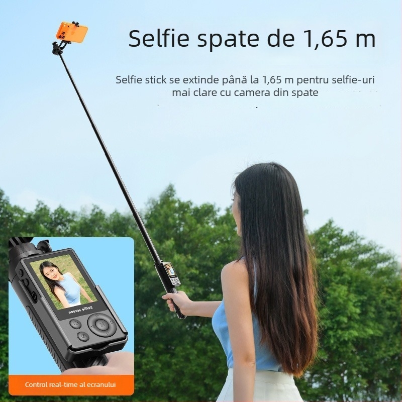 Selfie stick cu oglindire pe ecran și proiecție, design pop-up pentru podea, telecomandă Bluetooth, stabilizare a imaginii, compatibilitate universală