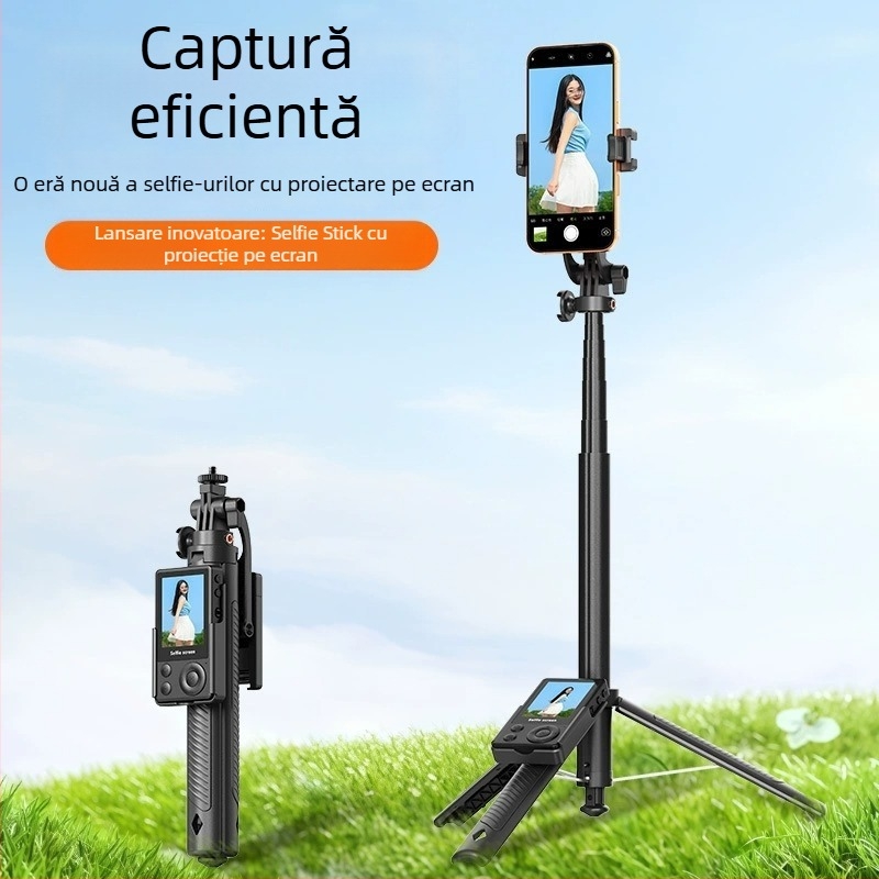 Selfie stick cu oglindire pe ecran și proiecție, design pop-up pentru podea, telecomandă Bluetooth, stabilizare a imaginii, compatibilitate universală