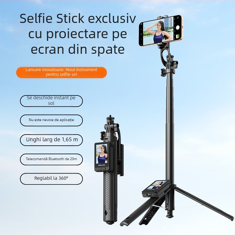 Selfie stick cu oglindire pe ecran și proiecție, design pop-up pentru podea, telecomandă Bluetooth, stabilizare a imaginii, compatibilitate universală