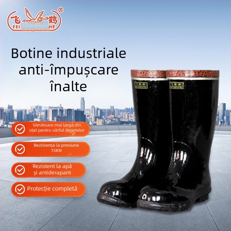 Ghete de siguranță Flying Crane înalte, cu vârf din oțel, din cauciuc natural și căptușire din bumbac, protecție anti-soc, pentru minerit subteran, antiderapante, rezistente