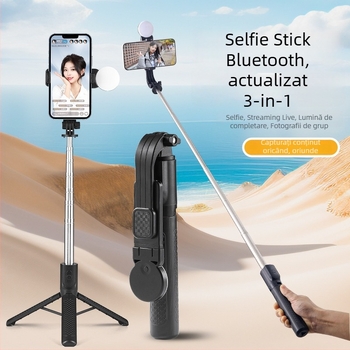 Selfie stick Bluetooth pentru telefon cu LED și trepied staționar