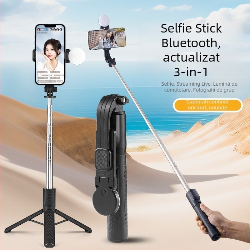 Selfie stick Bluetooth pentru telefon cu LED și trepied staționar