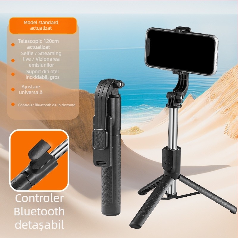 Selfie stick Bluetooth pentru telefon cu LED și trepied staționar