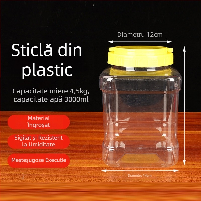Sticlă pătrată pentru miere, PET plastic, cu capac; ambalare generală, Brand Like Yang Plastic Industry, Origine Xuchang, Henan, China.