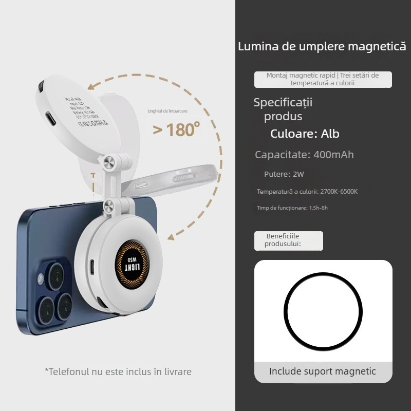 Lampa de buzunar LED magnetică, mică, pentru frumusețe, reglabilă, cu trei temperaturi pentru fotografie