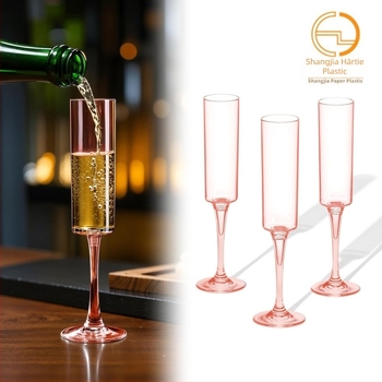 Pahar plastic de unică folosință, transparent, stil înalt de șampanie; imprimare logo disponibilă; material: plastic; grosime perete 0,3–0,6 mm; ambalaj: pahar.