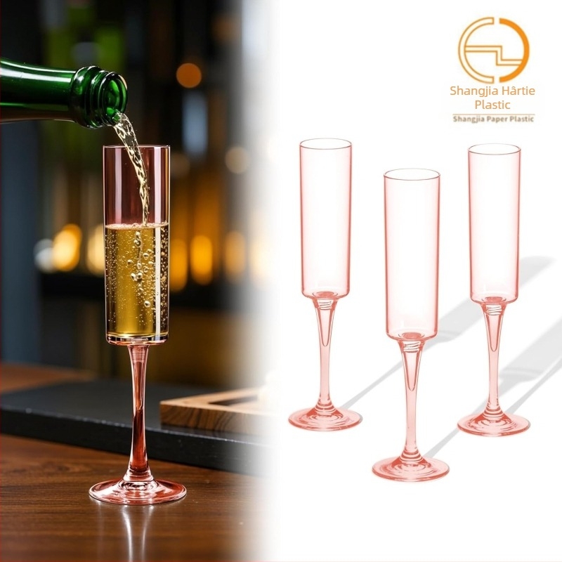 Pahar plastic de unică folosință, transparent, stil înalt de șampanie; imprimare logo disponibilă; material: plastic; grosime perete 0,3–0,6 mm; ambalaj: pahar.