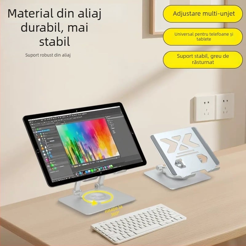 Suport de birou pentru tablete și telefoane, aliaj pur de aluminiu CNC, mecanism pliabil de ridicare, compatibilitate universală, design de disipare a căldurii, greutate 269 g