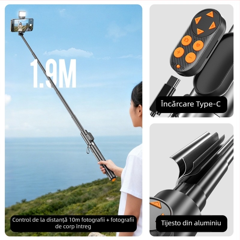 Selfie Stick Tripod – aliaj de aluminiu, Bluetooth, telecomandă, iluminare de umplere, universal