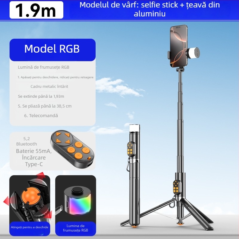 Selfie Stick Tripod – aliaj de aluminiu, Bluetooth, telecomandă, iluminare de umplere, universal