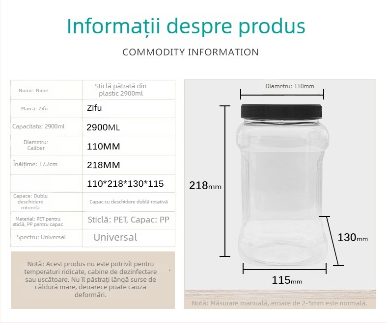 Sticlă PET pătrată de mână, cu capac plat, garnitură din folie de aluminiu și logo imprimat