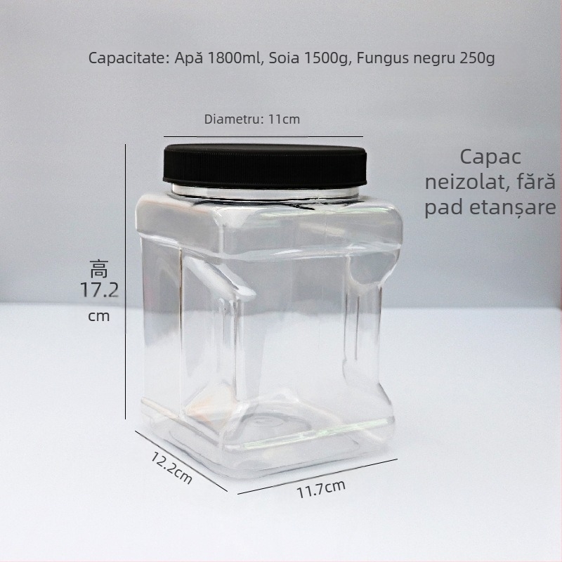 Sticlă PET pătrată de mână, cu capac plat, garnitură din folie de aluminiu și logo imprimat