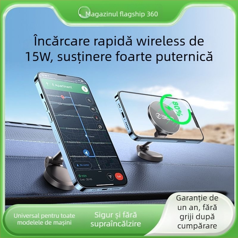 Încărcător magnetic fără fir pentru mașină 360, 15W, încărcare rapidă, suport pliabil pe planșa de bord