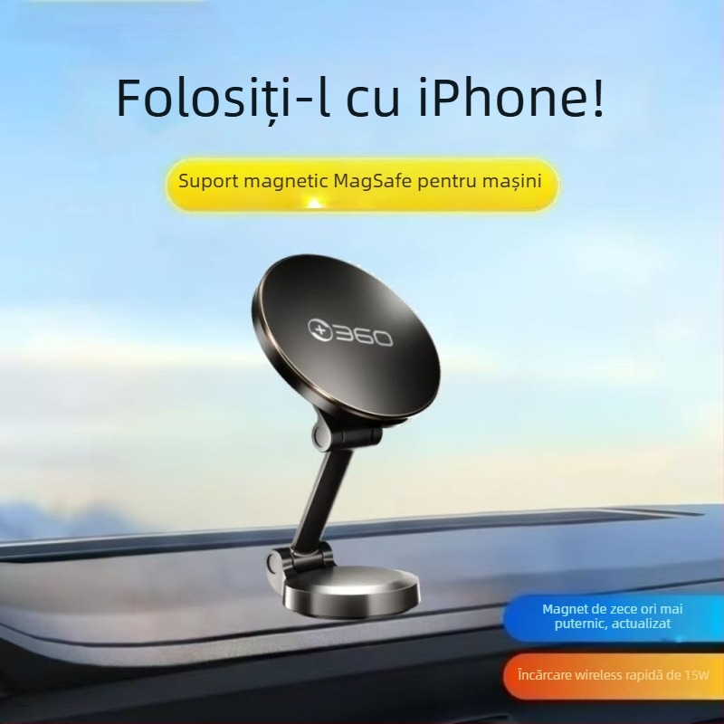 Încărcător magnetic fără fir pentru mașină 360, 15W, încărcare rapidă, suport pliabil pe planșa de bord