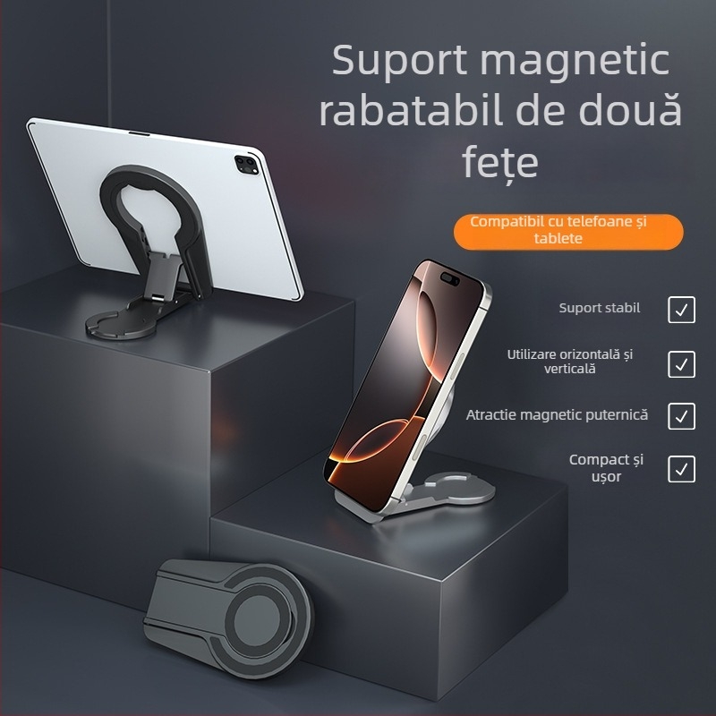 Suport de birou pentru telefon și tabletă cu prindere magnetică bidirecțională, rotativ și pliabil, reglaj în trei niveluri